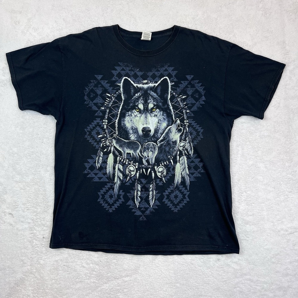 Wolf Graphic Tshirt‎ Mens Size 2XL Black Native American Dream Catcher
